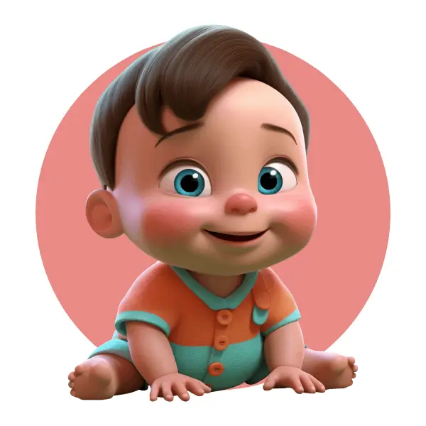 Ein fröhliches Kleinkind mit großen blauen Augen und braunem Haar sitzt lächelnd auf einem rosafarbenen Hintergrund. Es trägt einen orange-türkisen Strampler.