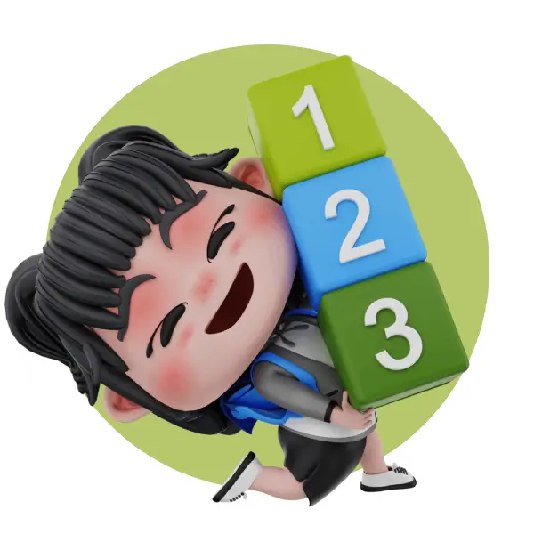 Ein lachendes Kind mit schwarzen Haaren hält bunte Würfel mit den Zahlen 1, 2 und 3. Der Hintergrund ist grün.