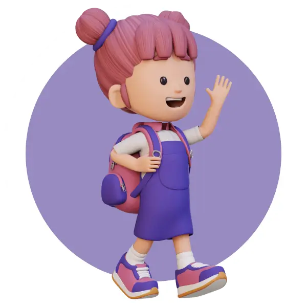 Ein fröhliches Mädchen mit rosa Haaren trägt einen lila Rucksack und winkt. Sie ist in einer lila Latzhose und pink-lila Schuhen gekleidet. Der Hintergrund ist violett.