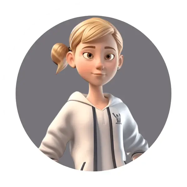 Ein junges Mädchen mit blondem Haar, das zu einem Zopf gebunden ist, trägt einen weißen Hoodie mit schwarzen Details. Der Hintergrund ist grau.