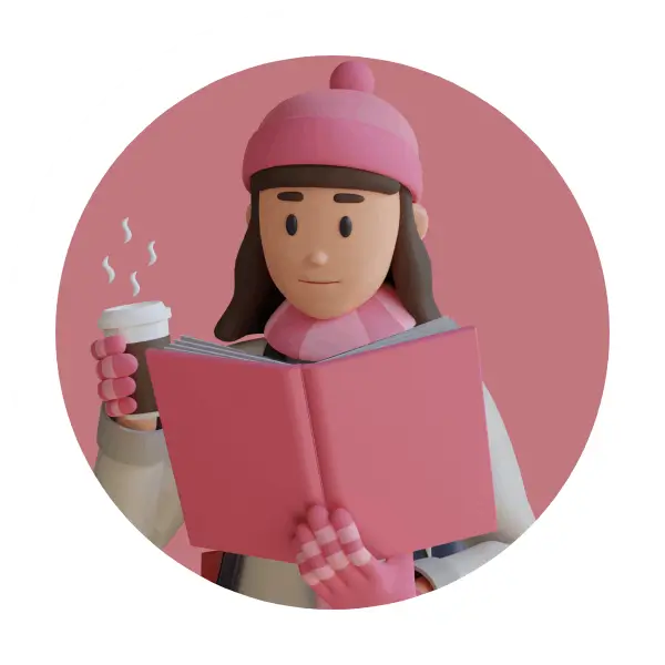 Eine Person in Winterkleidung hält ein aufgeschlagenes Buch und einen dampfenden Kaffeebecher in den Händen. Der Hintergrund ist rosa.
